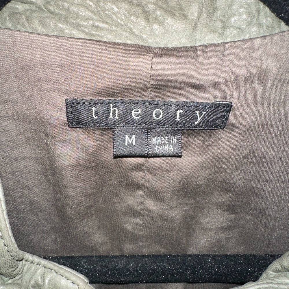 Theory Lambskin Moto Style Leather Jacket, Muted Olive Green, Size Med - Picture 3 of 12